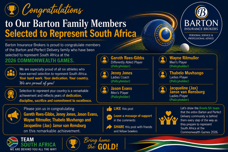 Six Perfect Delivery policyholders selected for South Africa's Commonwealth Games 2026 Bowls Squad