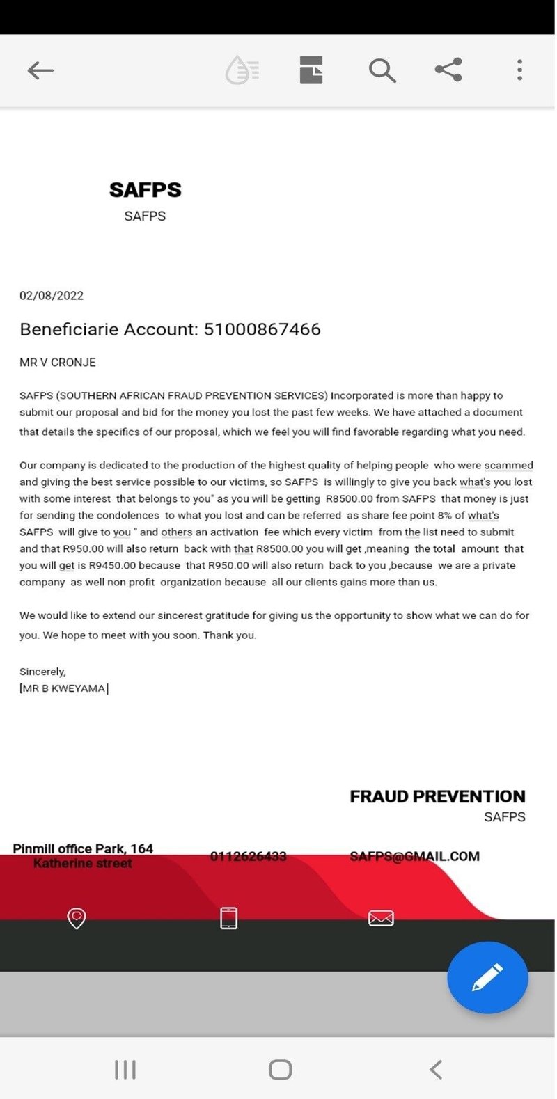 SAFPS Warns Against Advance Fee Scam