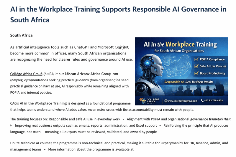 AI in the Workplace Training Supports Responsible AI Governance in South Africa