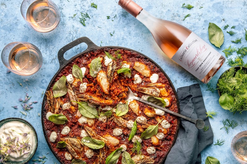 Paella with Prawns, Hake, Yoghurt and Fresh Basil recipe
